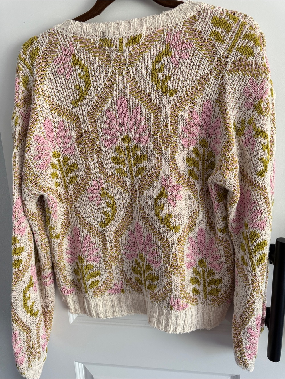 Anthro saltwater LUXE Cream Knit Crewneck Sweater with Pink & Olive Floral Motif - Picture 5 of 7